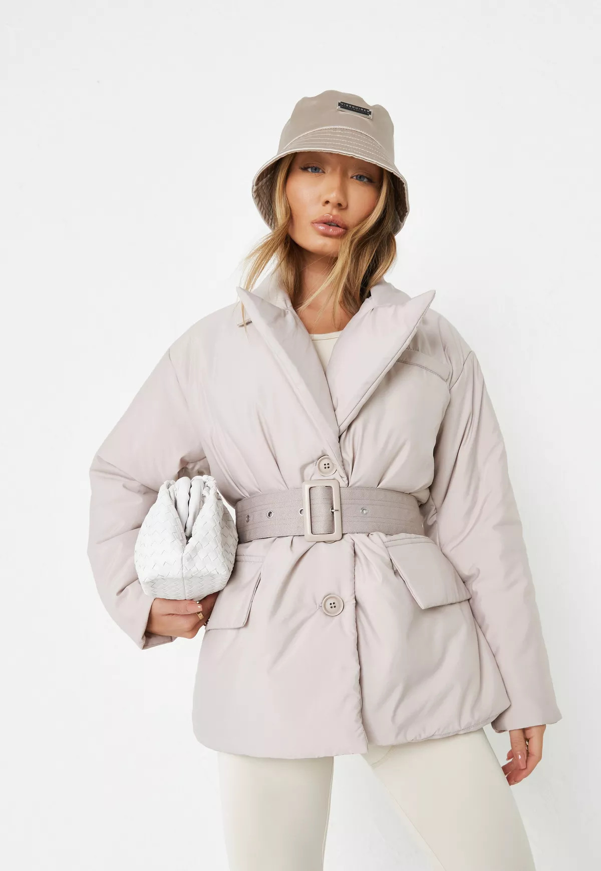 Missguided - Stone Revere Collar Belted Puffer Coat | Missguided (US & CA)