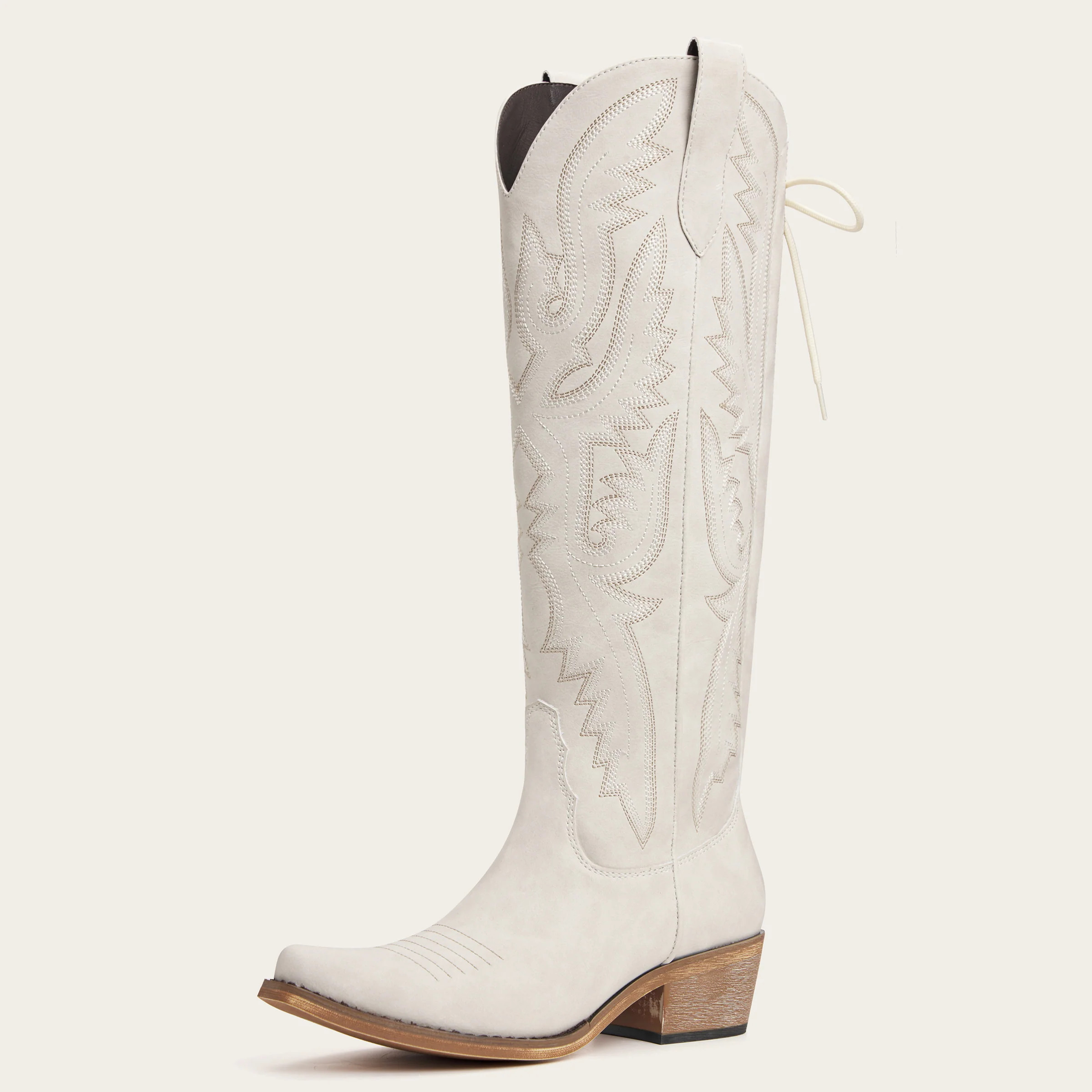 REDTOP White Tall Cowgirl Boots with Bold Embroidery and Lace-Up Back - The Withersteen | REDTOP