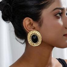 Pair Vintage Geometrical Textured Oval Shape Inlaid Oval Pearl Pendant Earrings For Women | SHEIN