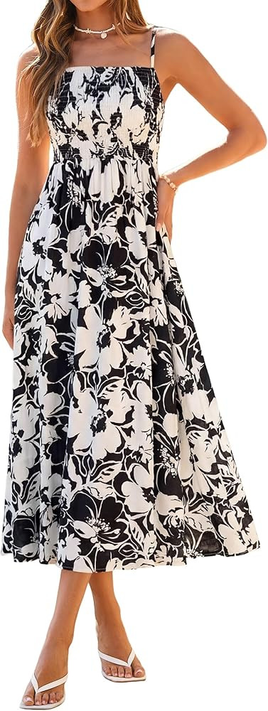 Simplee Womens Spaghetti Strap Maxi Dress Summer Casual Boho Smocked Flowy Long Sundress Beach Va... | Amazon (US)