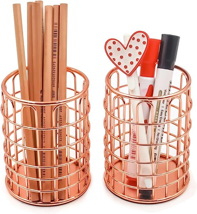 Superbpag Wire Metal Desktop Pencil Holder, Set of 2, Rose Gold | Amazon (US)