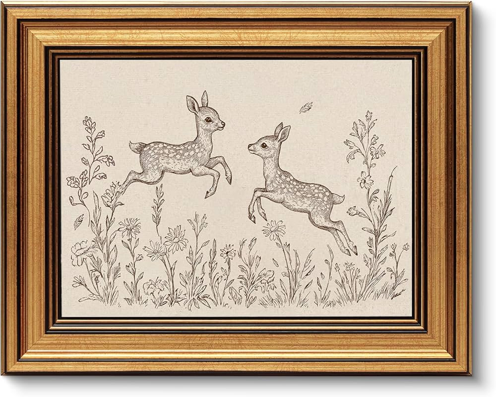 VIYYIEA Vintage Gold Framed Wall Art for Living Room, Sika Deer Canvas Prints Home Decor, Sketch ... | Amazon (US)