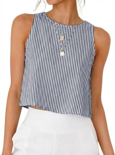 IDEALSANXUN Striped Tank Top for Women 2026 Cotton Linen Cute Crop Spring Summer Tops Sleeveless Shirts Blouses Beach Vacation Clothes, Striped Navy, XL | Amazon (US)