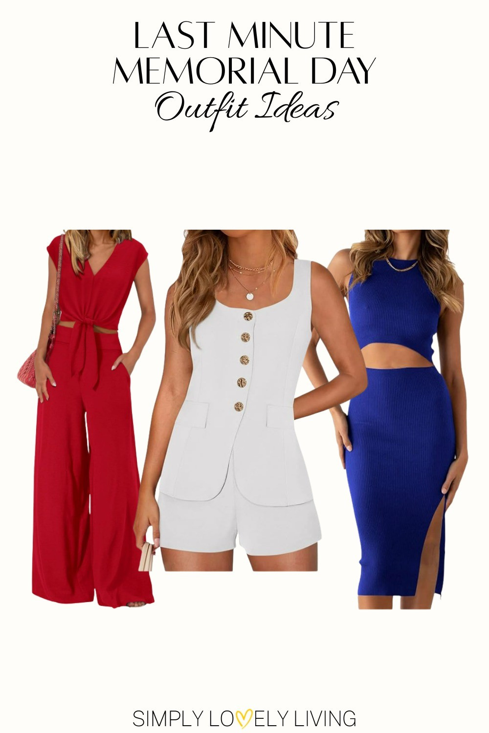 Memorial Day outfit ideas for women. Travel outfit ideas for Memorial day weekend. Red matching top and bottom set. White matching button vest with shorts. Blue cut out dress. #memorialday #redwhiteandblue

#LTKTravel #LTKSeasonal