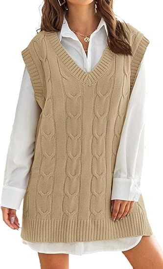 Aiopr Womens Oversized Sweater Vest V Neck Sleeveless Cable Knit Pullover Jumpers Tops | Amazon (US)