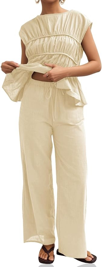 Tankaneo Womens 2 Piece Outfits Pleated Cap Sleeve Babydoll Blouse Wide Leg Pants Cotton Travel V... | Amazon (US)