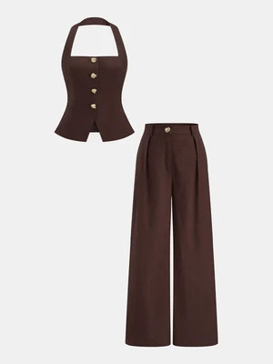 Cotton Linen Halter Buttoned Top & Pants Set | Commense