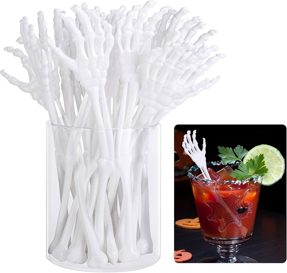 RunNico 25 Pcs 5.9''x1.5'' Halloween Skeleton Cocktail Stirrers, Reusable Skeleton Hand Swizzle S... | Amazon (US)