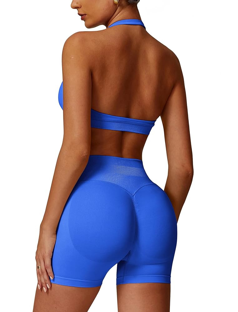 ABOCIW Workout Sets for Women 2 Piece seamless Halter Sports Bra Scrunch Butt Impact Shorts Gym Y... | Amazon (US)