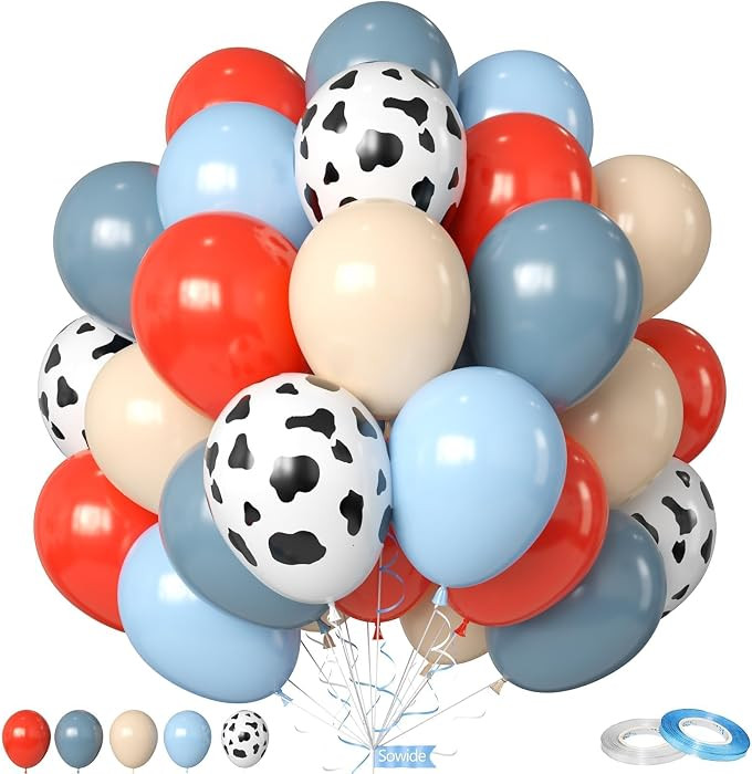 Red Blue Cow Balloons, 50Pcs 12 Inch Red Dusty Blue Sand White Farm Balloons for Kids Girl Boy Fa... | Amazon (US)