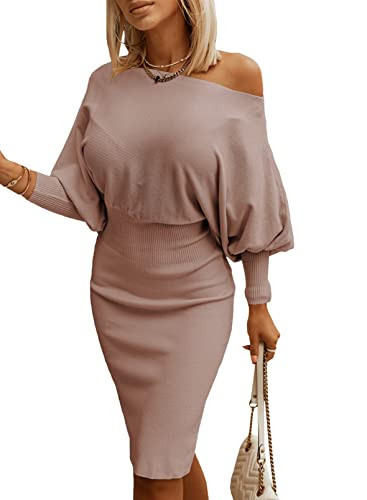 Dokotoo Pink Sweater Dress for Women Elegant Off Shoulder Long Lantern Sleeve Elastic Waist Bodycon Sexy Pullover Mini Dresses Knee Length Large | Amazon (US)