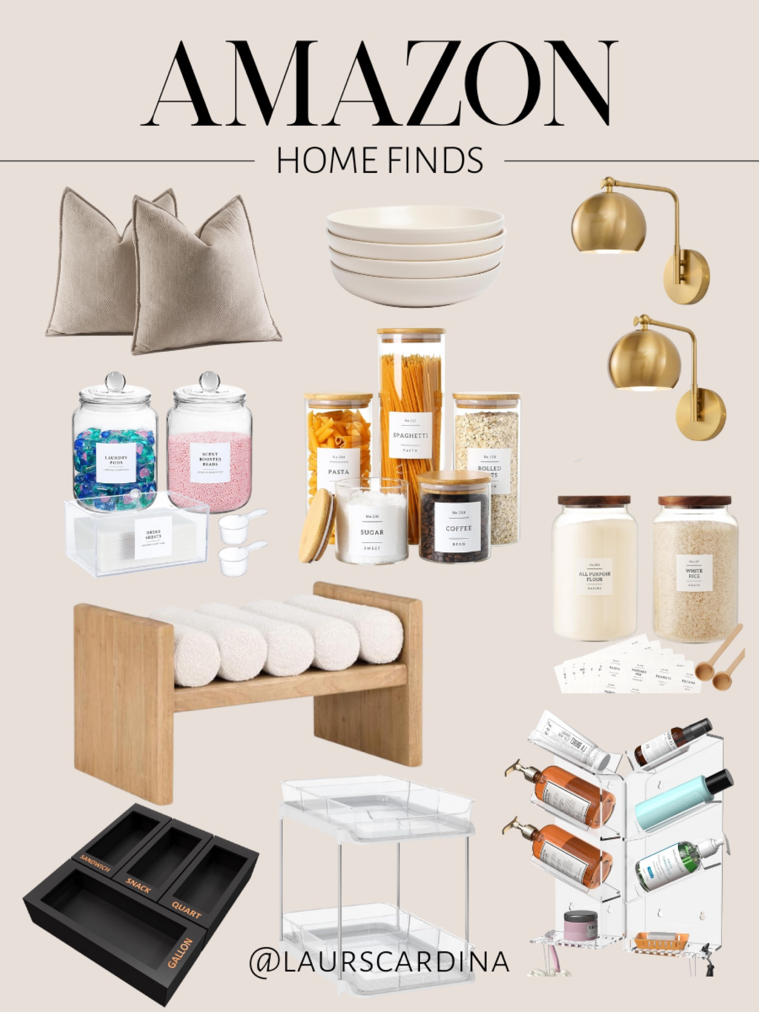 Amazon home finds include a two pack of decorative pillows, a set of bowls, gold battery operated wall sconces, glass jars, a modern bench, Ziplock organizer, tiered under the sink shelf, and an acrylic shower caddy.

Amazon home, bathroom organization, kitchen organization, home decor, organization must haves, throw pillows

#LTKHome #LTKStyleTip #LTKFindsUnder50