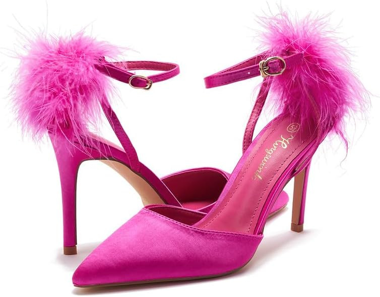 hingswink Women's Pointed Toe Fluffy Feather Fur Strappy Stiletto High Heels Sandals Fancy Closed... | Amazon (US)
