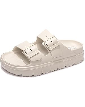 FUNKYMONKEY Women's Comfort Slides Double Buckle Adjustable EVA Flat Sandals | Amazon (US)