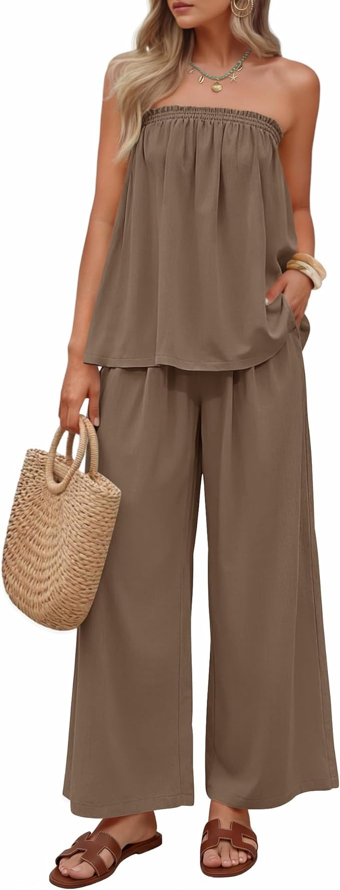 ZESICA Women's Summer 2 Piece Sets 2026 Spring Casual Strapless Tube Top Wide Leg Pants Ruffle Be... | Amazon (US)