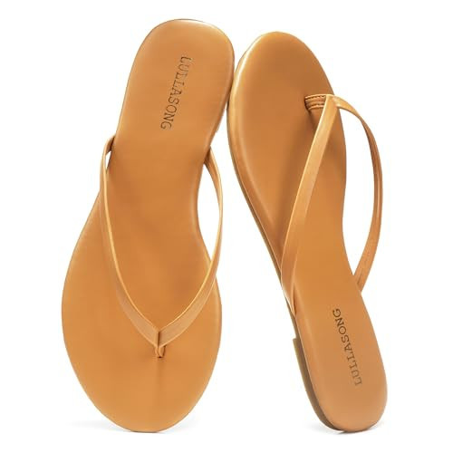 LULLASONG Tan Flip Flops For Women Comfortable Round Toe Beach Sandals Thong Strap Slides Slip On Dressy Flats Sandals For Women | Amazon (US)
