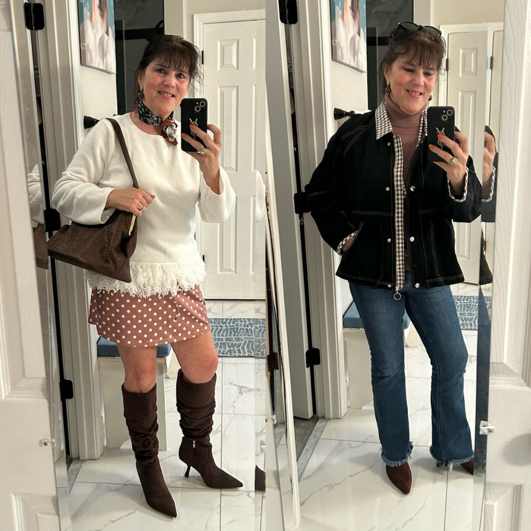 Two fall looks, which one's your vibe?
Look 1: cream sweater, pink polka-dot skirt, tall brown boots — cute cute and a little playful! 🍂
Look 2: black jacket with checkered trim and brown turtleneck, blue jeans, pointed mules — classy and comfy.
Which would you wear this fall? 1 or 2? 💕 Always be confident! #over50fashion #falloutfit #styleover50 #agelessfashion #midlifestyle

#LTKgrwm #LTKvlog #LTKOver40