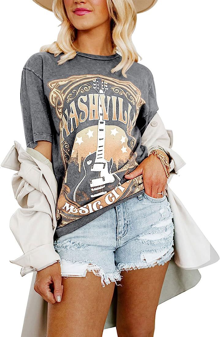 Womens Country Music Shirts Nashville Concert Outfit Vintage Guitar Graphic Tees Short Sleeve Ten... | Amazon (US)