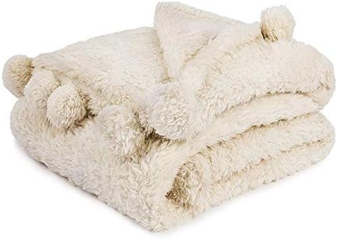 PAVILIA Plush Sherpa Throw Blanket with Pom Pom Fringe, Cream Ivory Beige | Fluffy Fleece Tassel ... | Amazon (CA)
