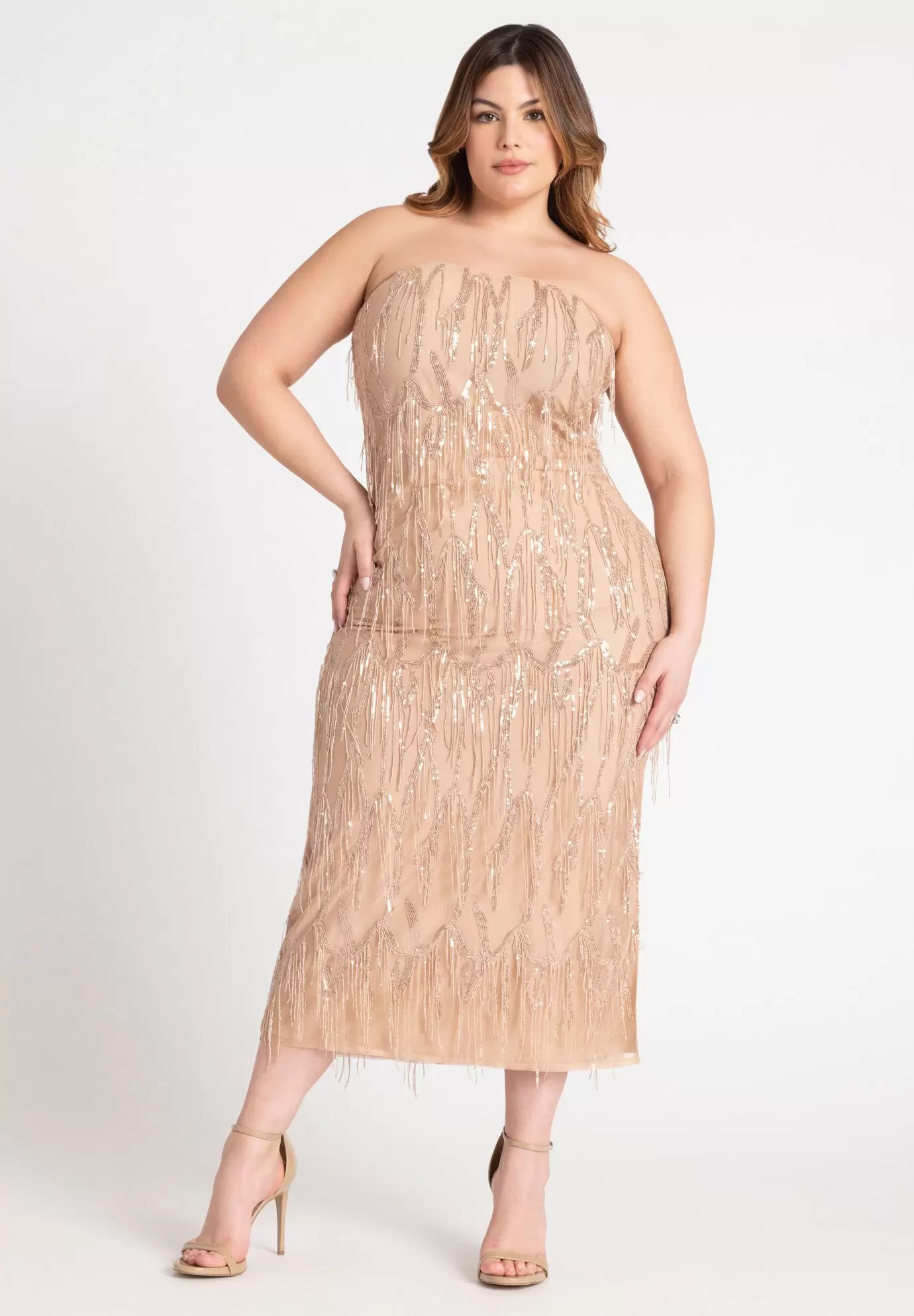 Strapless Fringe Sequin Maxi Dress | Eloquii