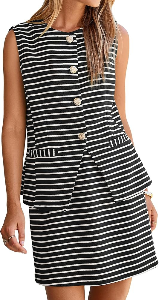 Simplee Women's Summer 2 Piece Outfits 2026 Striped Sleeveless Matching Sets Button Down Vest Wai... | Amazon (US)