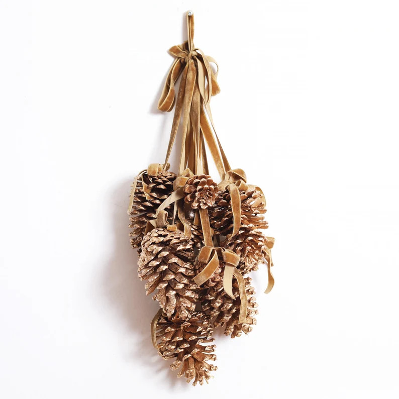 Multi Gold Pinecone Christmas Hanging Decor Garland Chair Back Swag with Gold Velvet Ribbon | Etsy (US)