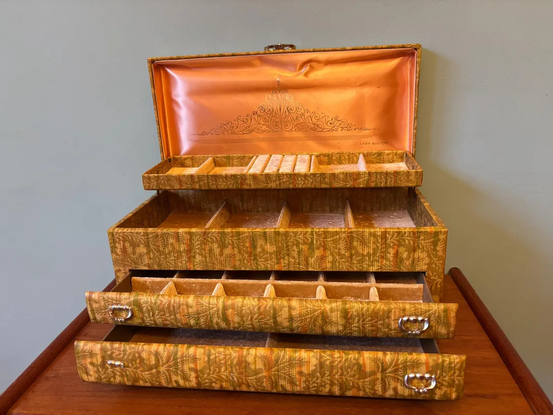 Vintage Lady Buxton Jewelry Box Chest, Floral Patterned Green Gold Vinyl, 1950 1960's - Etsy | Etsy (US)