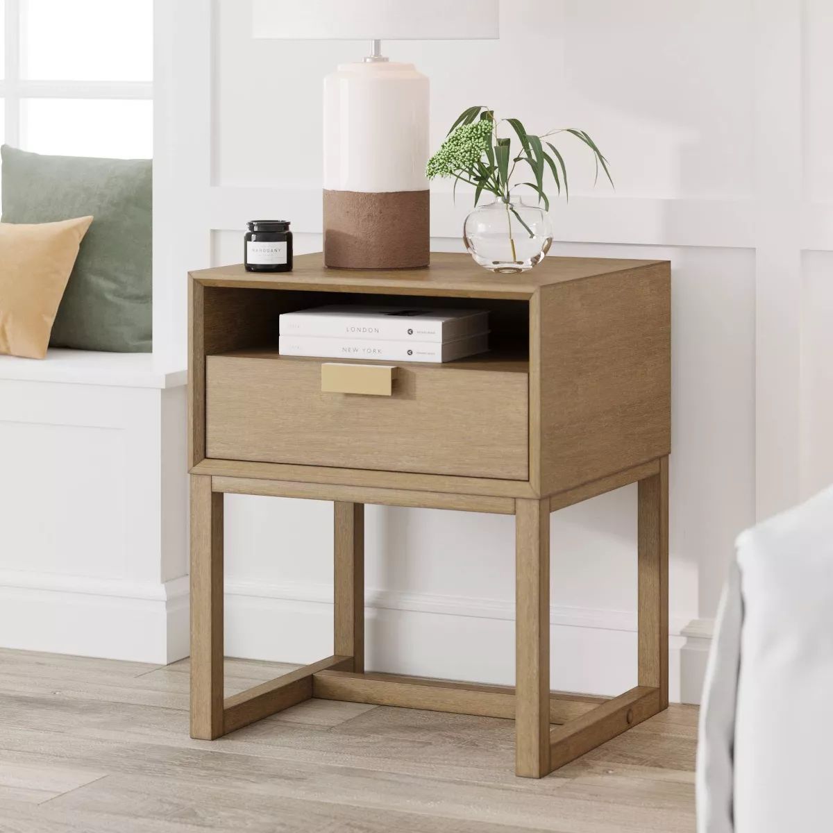 22" Luke Wood Nightstand with Drawer Brushed Light Brown/Gold - Nathan James | Target