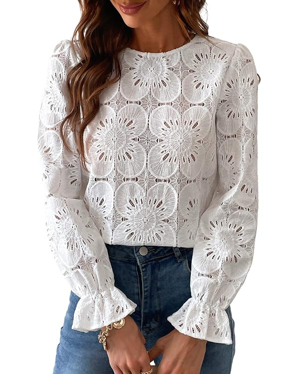 CUPSHE Women Blouse Cutout Flower Top Round Neck Long Sleeve Elastic Cuffs Elegance Shirt | Amazon (UK)