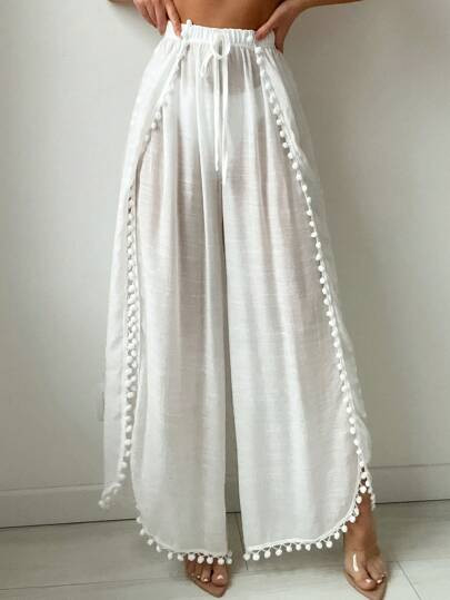 SHEIN Swim Summer Beach Women's Beachwear Pom-Pom Trim Tie Front Waist Splice Cover Up Pants | SHEIN