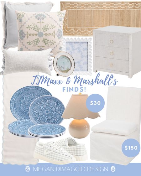New roundup of the prettiest coastal home finds from TJMaxx & Marshalls!! Including these brand new arrivals like this $30 scalloped table lamp 🤩, blue and white scalloped table runner dupe 🙌🏻, beautiful new affordable pillows, $10 white wave Williams Sonoma inspired picture frame 😍, Pottery Barn dupe dining chair, and this Serena & Lily dupe 3 drawer nightstand!! 

Also love these new melamine plates that remind me of Pottery Barn! ☀️ And these adorable gingham tretorns are only $30 and available in multiple sizes!! 🙌🏻

#LTKFindsUnder50 #LTKSaleAlert #LTKHome