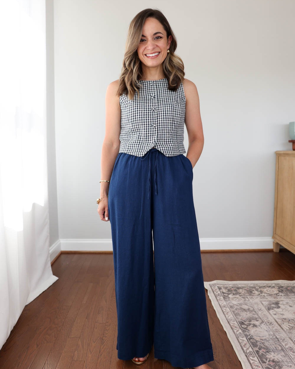 One petite friendly cropped vest three ways! 

A true crop, I add a camisole underneath to keep from showing my midsection (just personal preference). 

Vest: xs 
Pants: petite xs (10.5” rise, 26” inseam) runs large I suggest a size down 
Skort: xs runs small may want to size up 
Skirt: petite xxs true to size