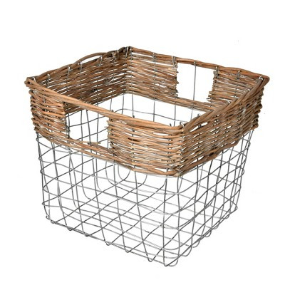 Vickerman 10.5" Square Wire Basket with Woven Bamboo. This basket features a wire structure with the top section wrapped in bamboo. The chunky spacing | Target