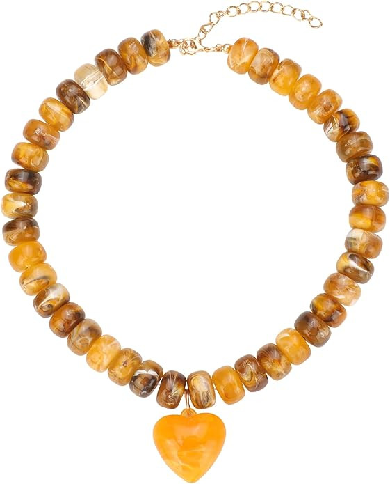 Chunky Colorful Beaded Statement Boho Chokers Necklace Heart Pendant Pink Green Yellow Brown Fash... | Amazon (US)