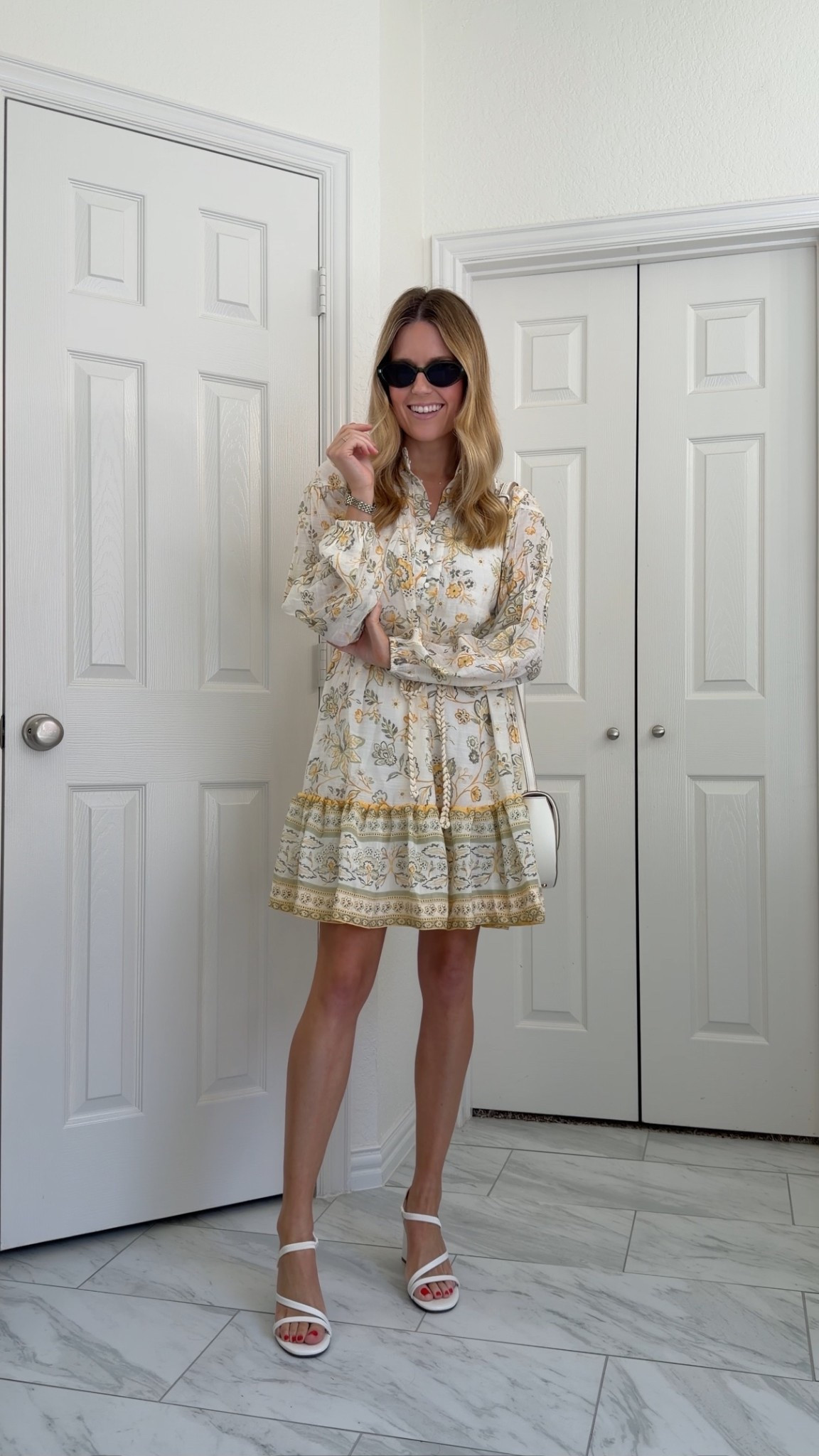 Spring tie waist dress and white heels 