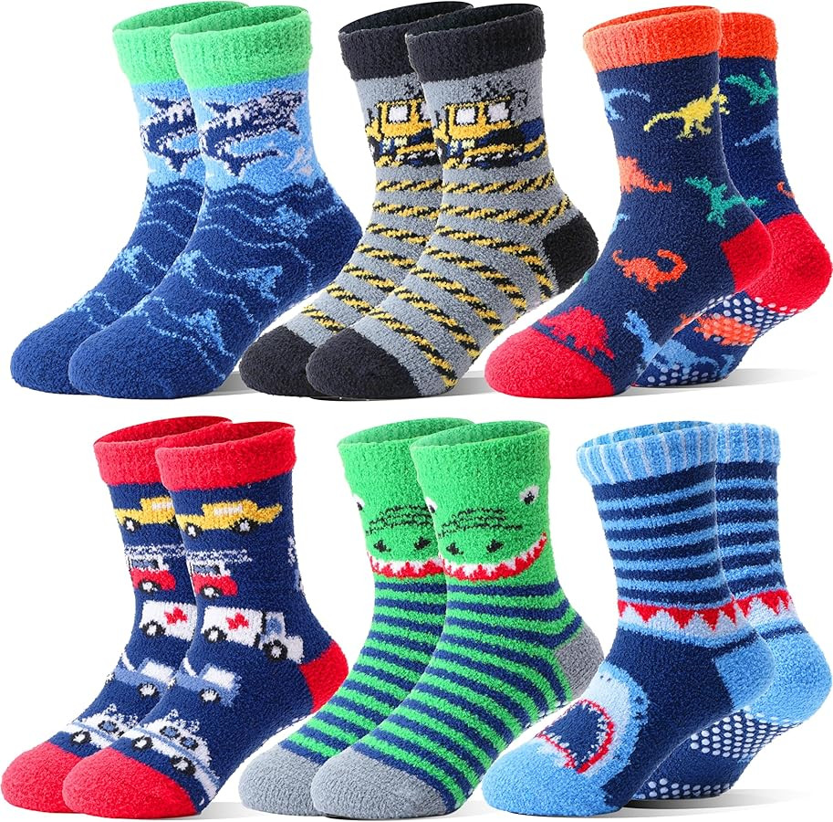 Welwoos Kids Boys Toddlers Fuzzy Slipper Socks with Grips Non Slip Warm Fluffy Winter Thick Fun C... | Amazon (US)
