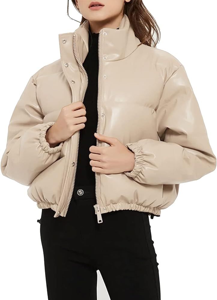 Flygo Women's Faux Leather Puffer Jacket Zip up Padded Winter Bubble Coat Down Jacket | Amazon (US)