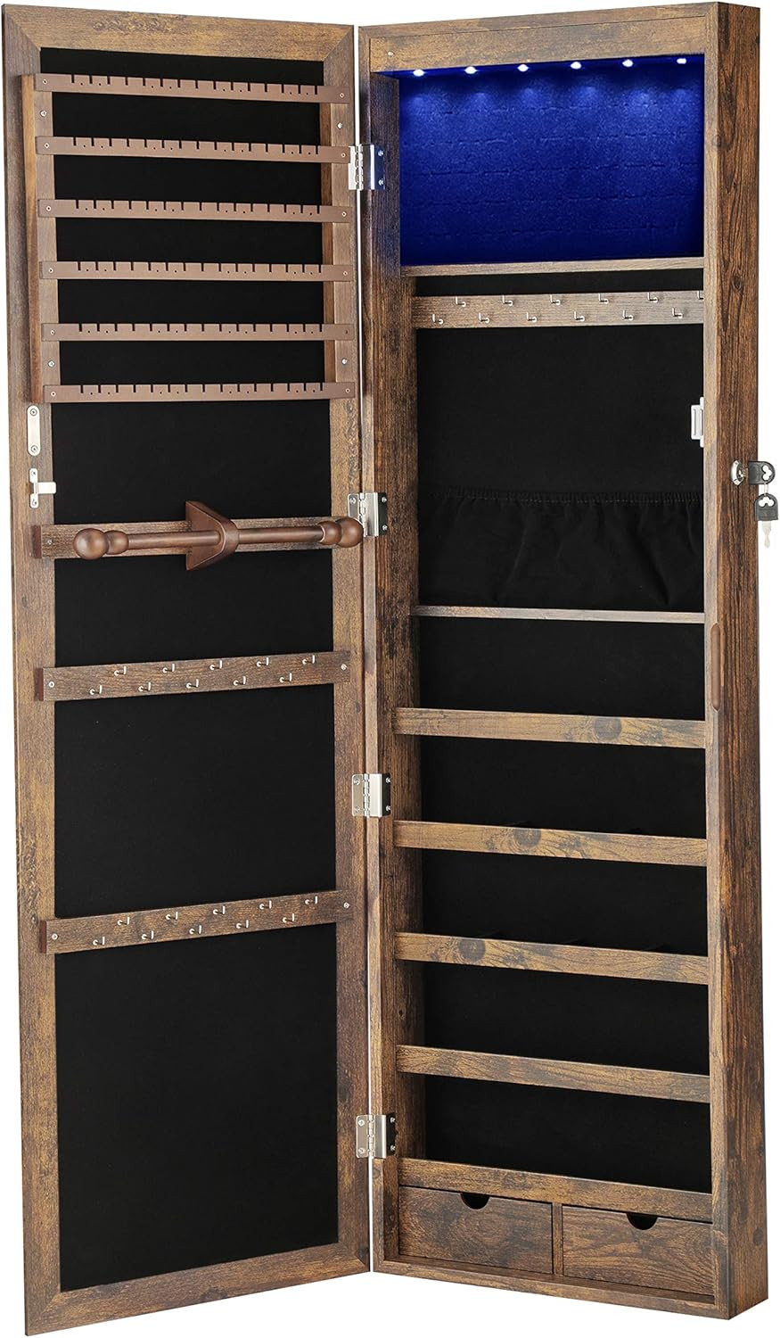 SONGMICS 6 LEDs Mirror Jewelry Cabinet Lockable 47.2" H Wall/Door Mounted Jewelry Armoire Organiz... | Amazon (US)