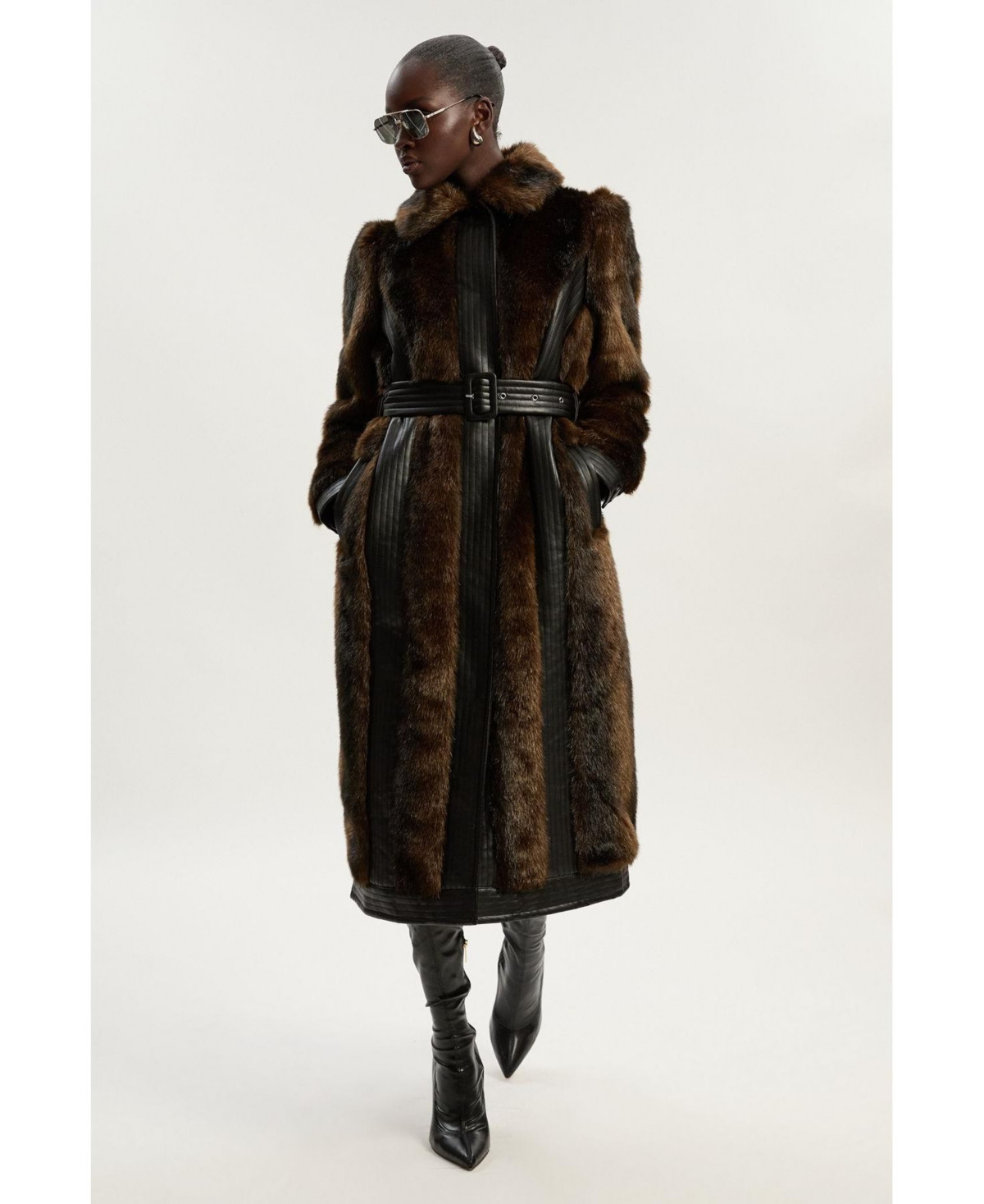Karen Millen Women's Faux Fur Belted Midi Coat - Chocolate | Macy's