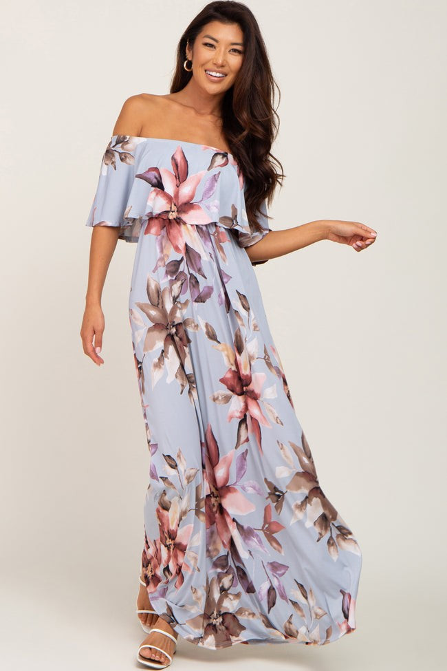 Light Blue Floral Off Shoulder Maxi Dress | PinkBlush Maternity