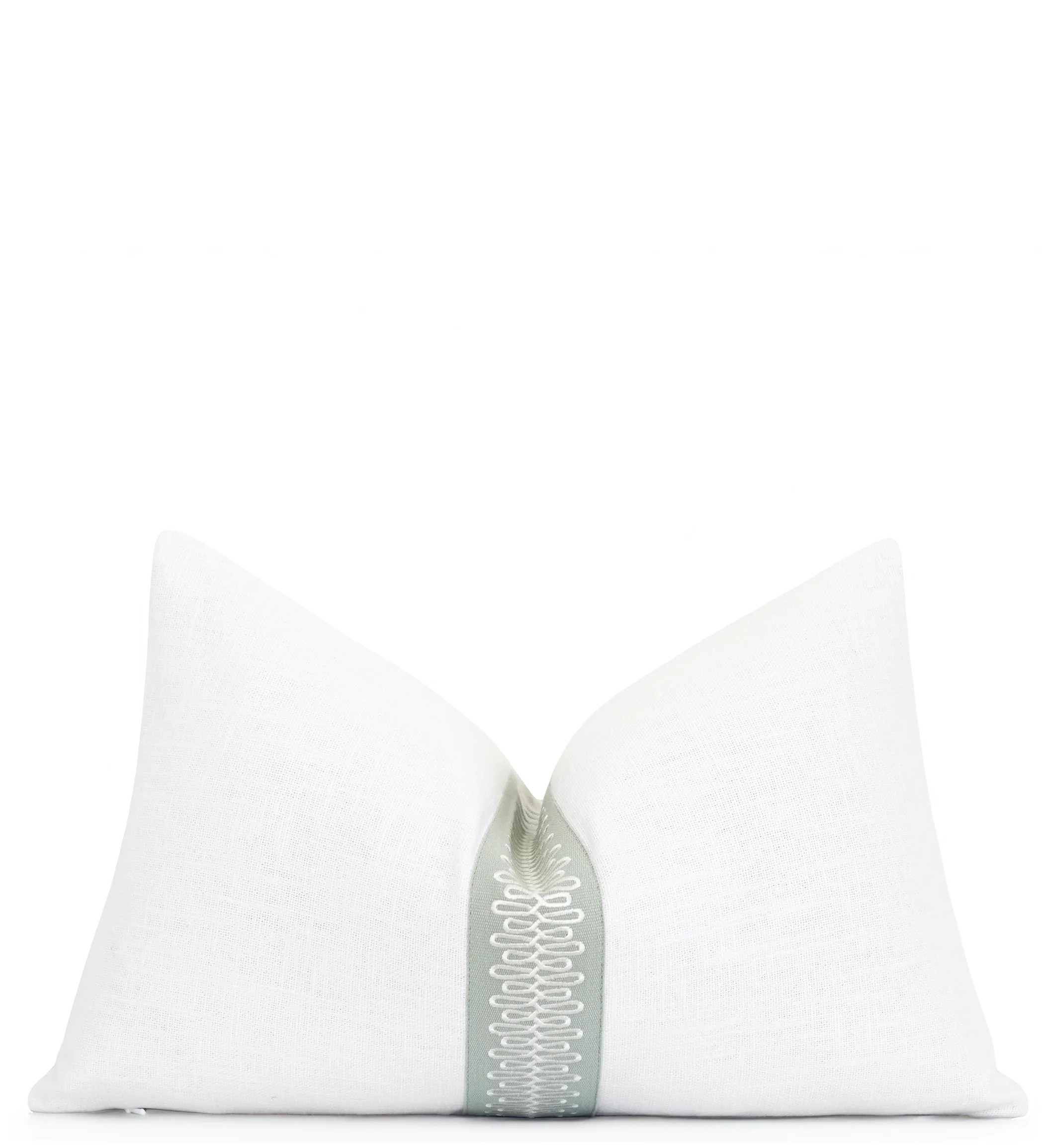White Linen Pillow Cover with Sage & Ivory Loop Trim – Neutral Decorative Throw Pillow with Emb... | Land of Pillows