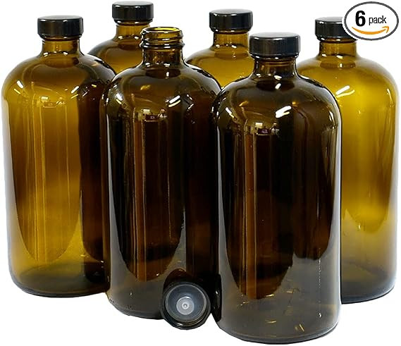 (Pack of 6) 32 oz. Amber Boston Round with Black Poly Cone Cap | Amazon (US)