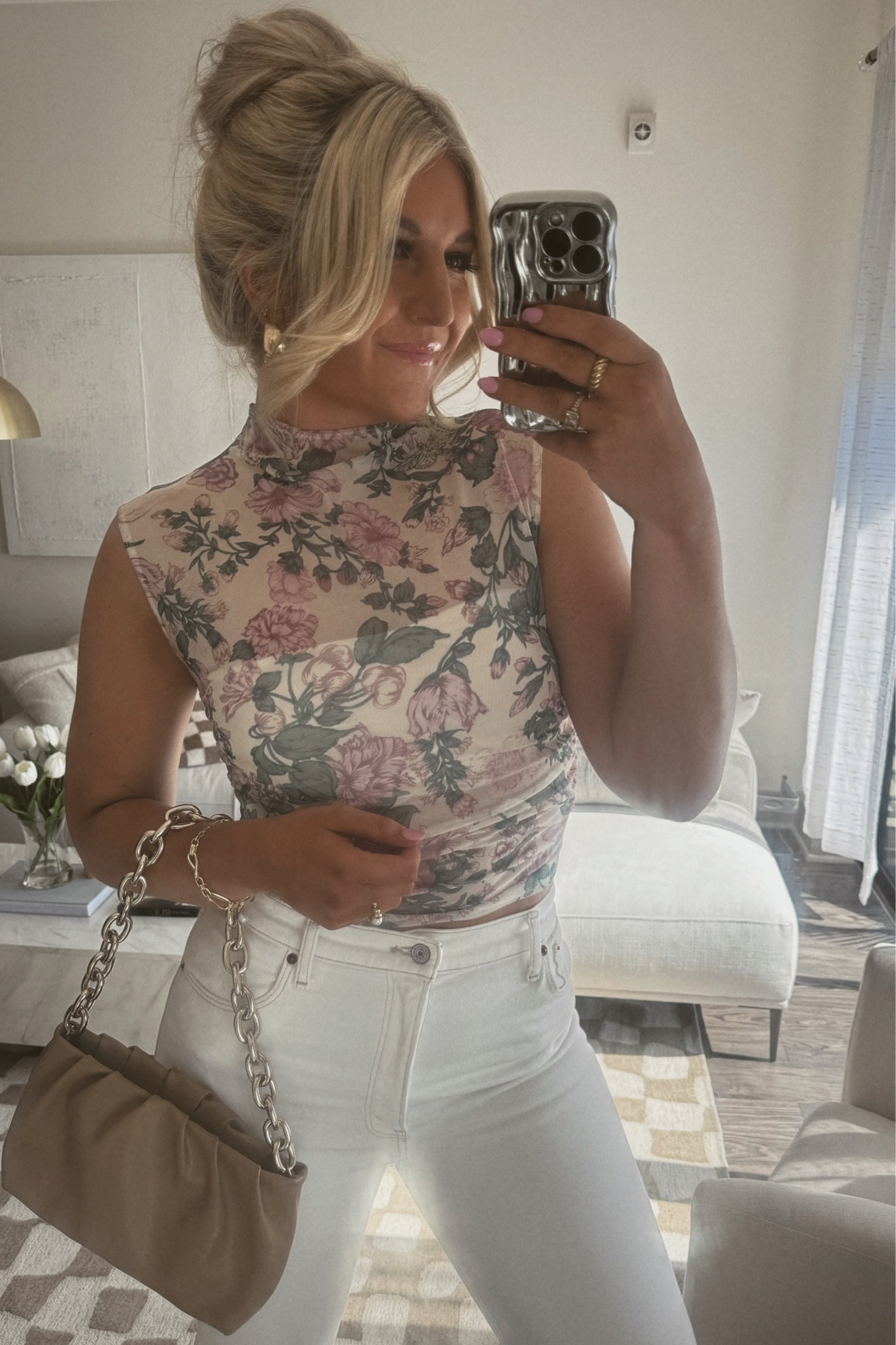 Spring brunch outfit 🥂 Floral mesh top, white denim, and gold accessories to finish off the look! 

#LTKfindsunder50 #LTKSpringSale #LTKsalealert