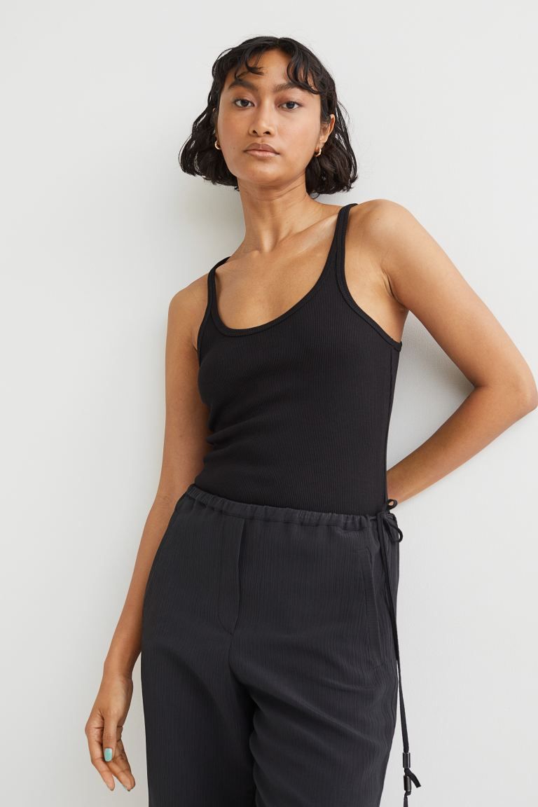 Fitted, racerback tank top in ribbed jersey with narrow shoulder straps.SizeThe model is 176cm/5'... | H&M (US + CA)