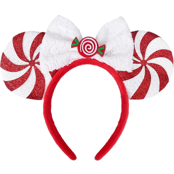 Christmas Ears for Women Adult Kids, Peppermint Candy White Red, Glitter Park Ears Christmas Head... | Amazon (US)