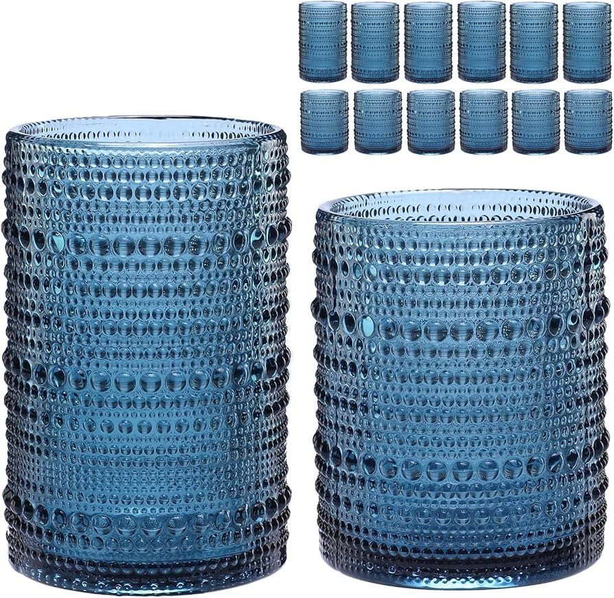 Vintage Glassware Drinking Glasses Set of 12,Blue 12oz & 15oz Hobnail Glass Cups,Embossed Water T... | Amazon (US)