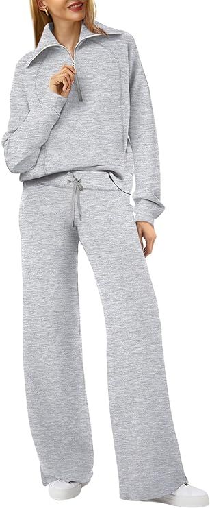 XIEERDUO Lounge Sets For Women 2023 Oversized Half Zip Sweatshirt And Wide Leg Sweatpant 2 Piece ... | Amazon (US)