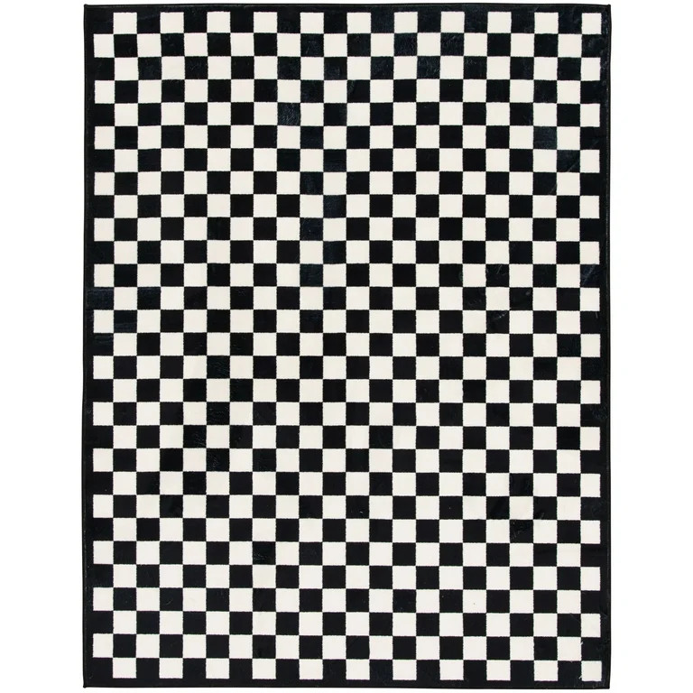 Mainstays 4'x5'6" Black and White Check Faux Fur Indoor Area Rug | Walmart (US)
