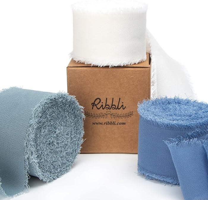 Ribbli Chiffon Silk Ribbon, 1.5 in x 30 Yards, White/Slate Blue/Dusty Blue Fringe, Wedding Invita... | Amazon (US)