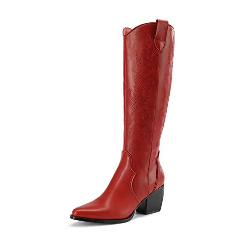 DREAM PAIRS Womens Cowboy Boots Comfortable Pull On Zipper Chunky Heel Pointed Toe Embroidered Western Cowgirl Knee High Boots Girls Ladies Retro Tall Boot,Size 9.5,Red,SDKB224W | Amazon (US)